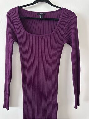 Forever 21 Ribbed Square-Neck Long Sleeve Dress with a side slit- Deep Purple